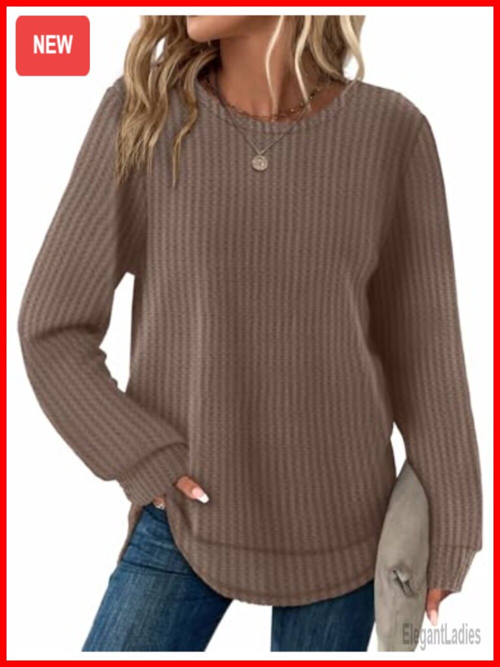 Womens Waffle Knit Tunic Top Long Sleeve Curved Hem Crewneck Shirt